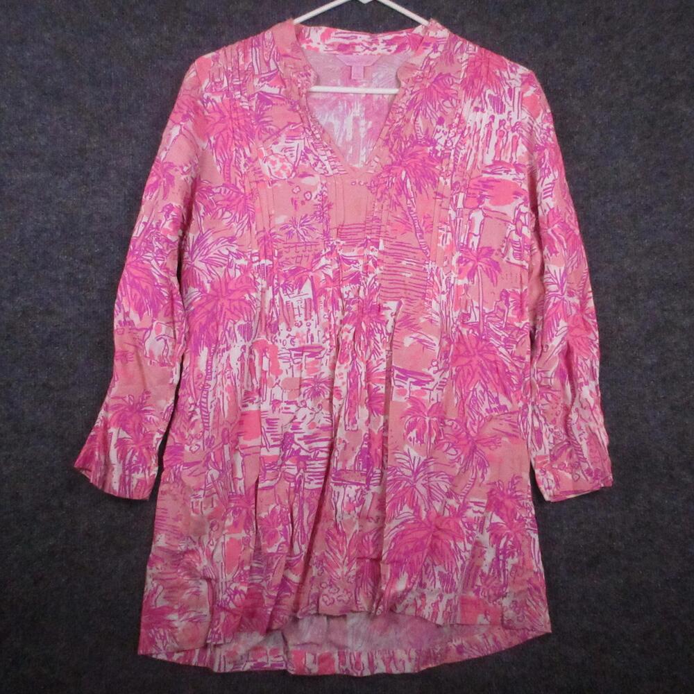 Lilly Pulitzer Blouse Womens Small Pink Tropical V Neck Pleated Tunic Top